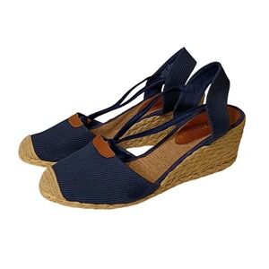 Size 11 RALPH LAUREN CALA BLUE TAN WOMEN FABRIC ESPADRILLES WEDGE SANDAL SHOES‎